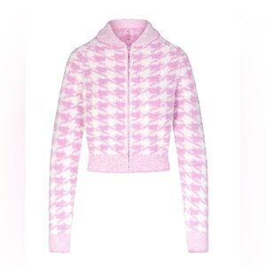 Skims Cozy Knit Zip Up in petal houndstooth